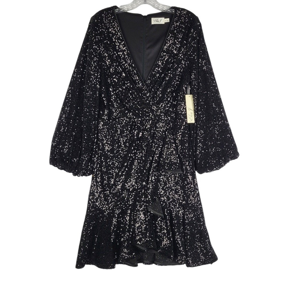 Eliza J Sequined Dress Women's 10 Black Faux Wrap Balloon Sleeves V Neck NWT - Picture 2 of 16